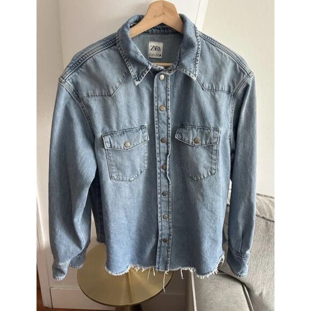 Zara Denim Shirt Trucker Jacket L Western Oversized Cowgirl Row Hem